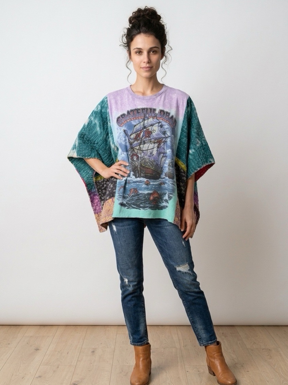 Handcrafted Upcycled Grateful Dead Kantha Tunic with Pockets NWT One Size - Picture 3 of 8